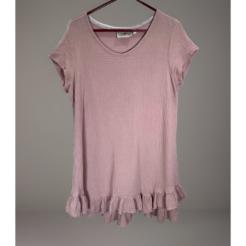 Goddess Gear Dress Womens Sz Large Gauze Cotton Ruffle Hem Pink Boho Beachy